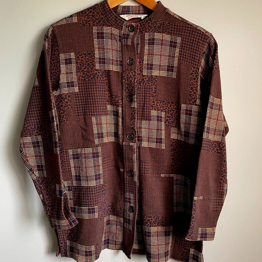 Bechamel Petites Women's Brown Long Sleeve Patchwork‎ Button Up Shirt Size PM